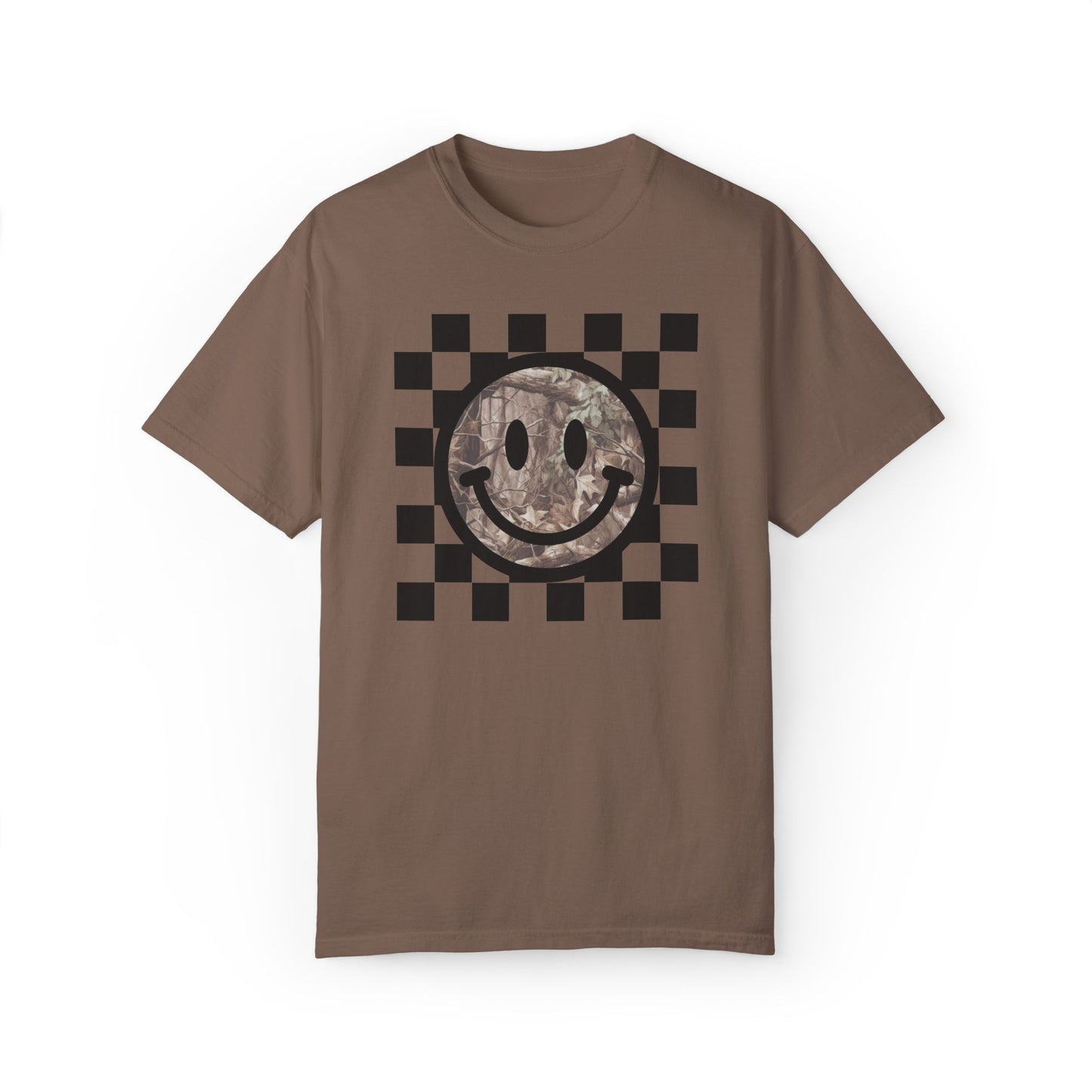 Retro Camo Smiley Face T-Shirt; Checkered Graphic Tee