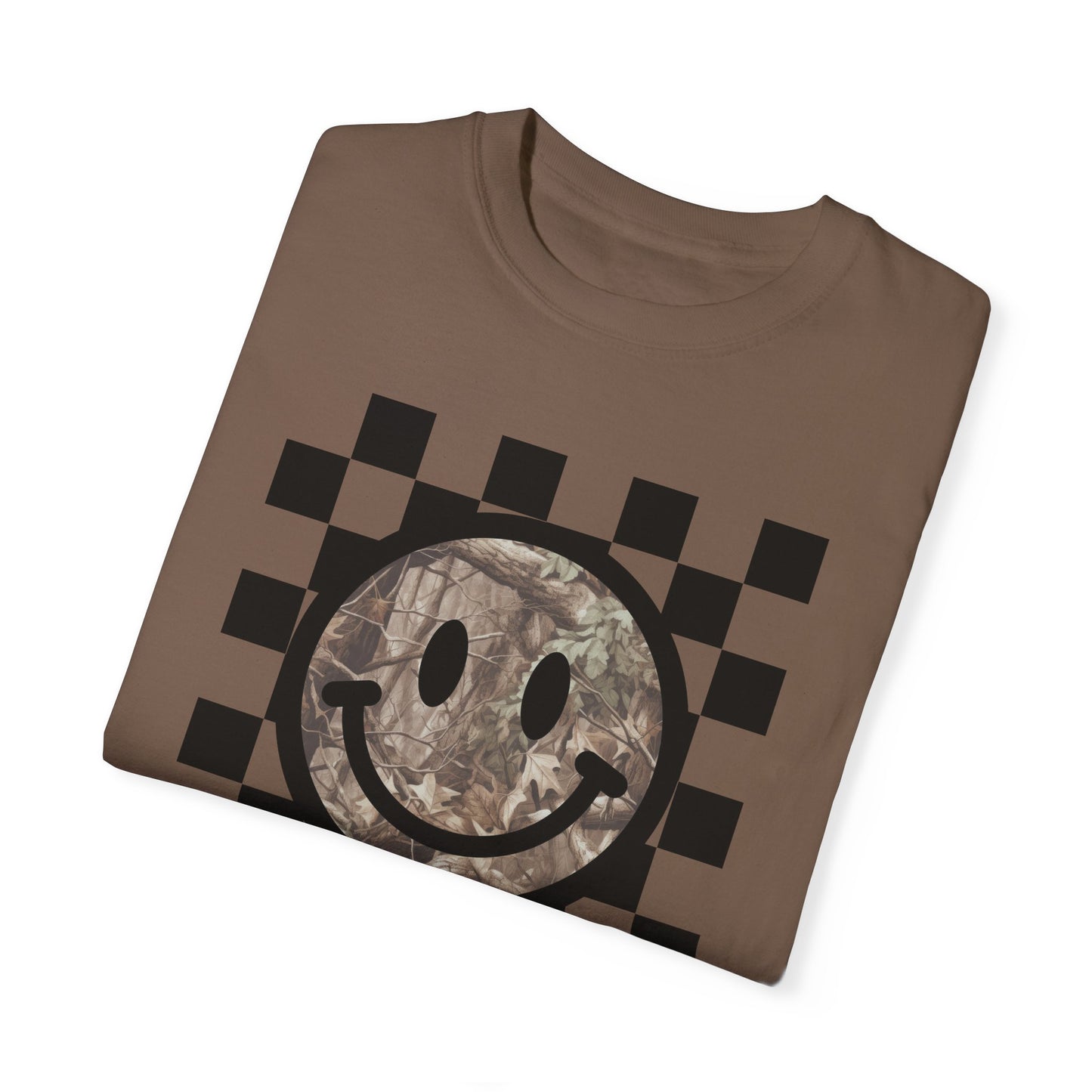 Retro Camo Smiley Face T-Shirt; Checkered Graphic Tee