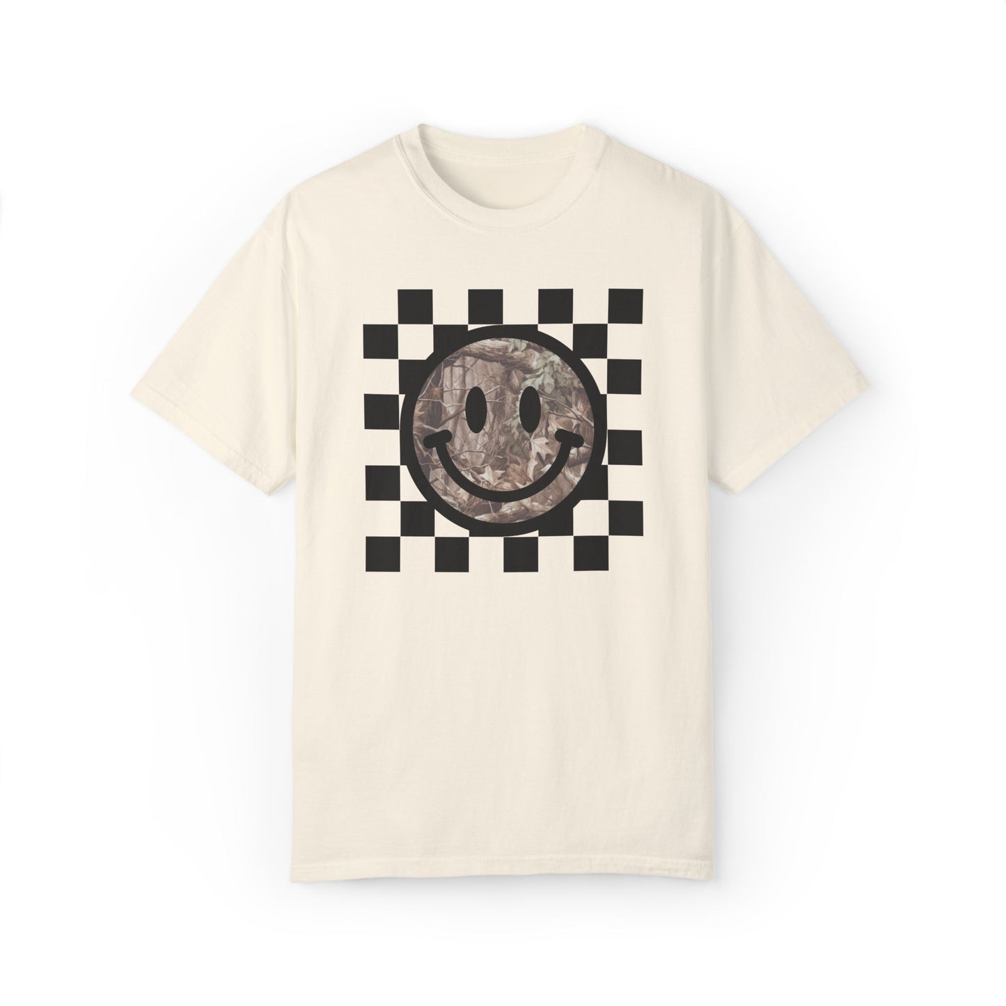 Retro Camo Smiley Face T-Shirt; Checkered Graphic Tee