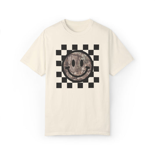 Retro Camo Smiley Face T-Shirt; Checkered Graphic Tee