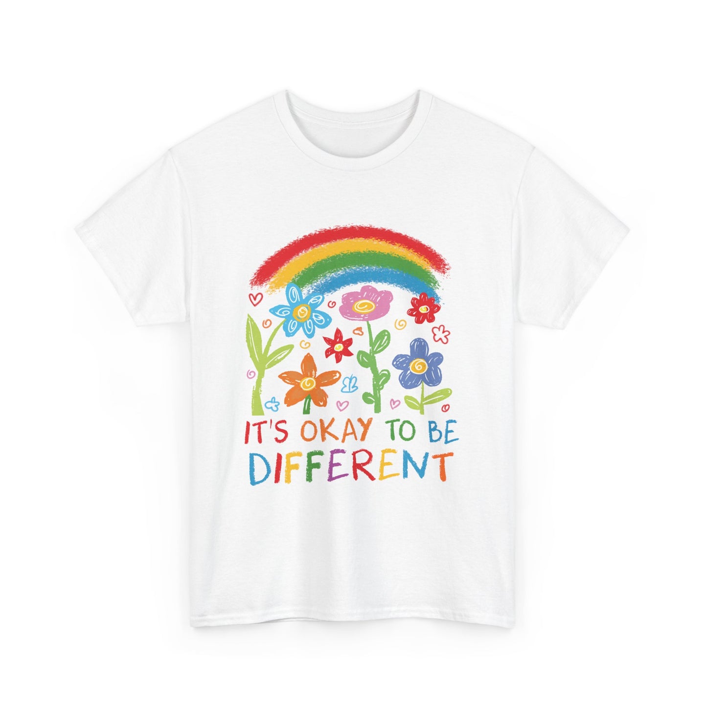 Rainbow Flowers Unisex Heavy Cotton Tee, It's Okay to Be Different Shirt, Affirmation T-Shirt, Gift for Kids, Colorful Pride Top, Everyday