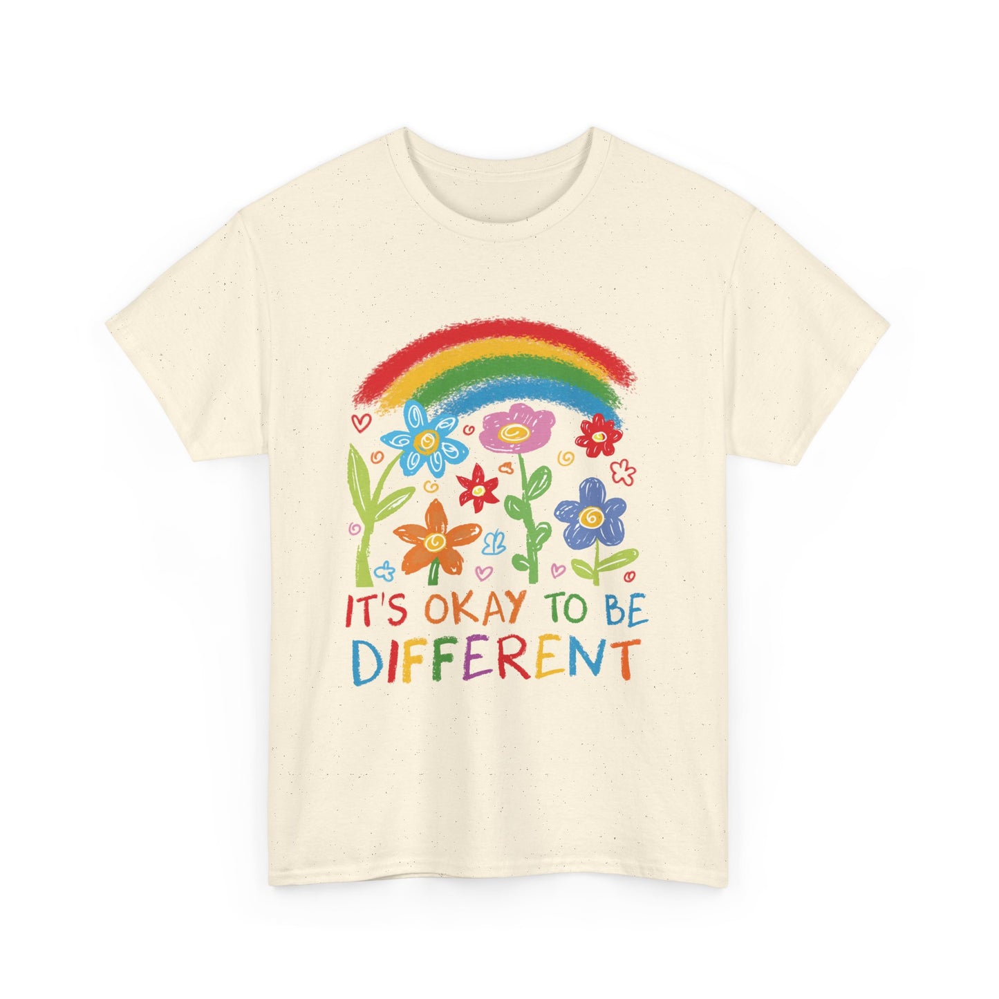 Rainbow Flowers Unisex Heavy Cotton Tee, It's Okay to Be Different Shirt, Affirmation T-Shirt, Gift for Kids, Colorful Pride Top, Everyday