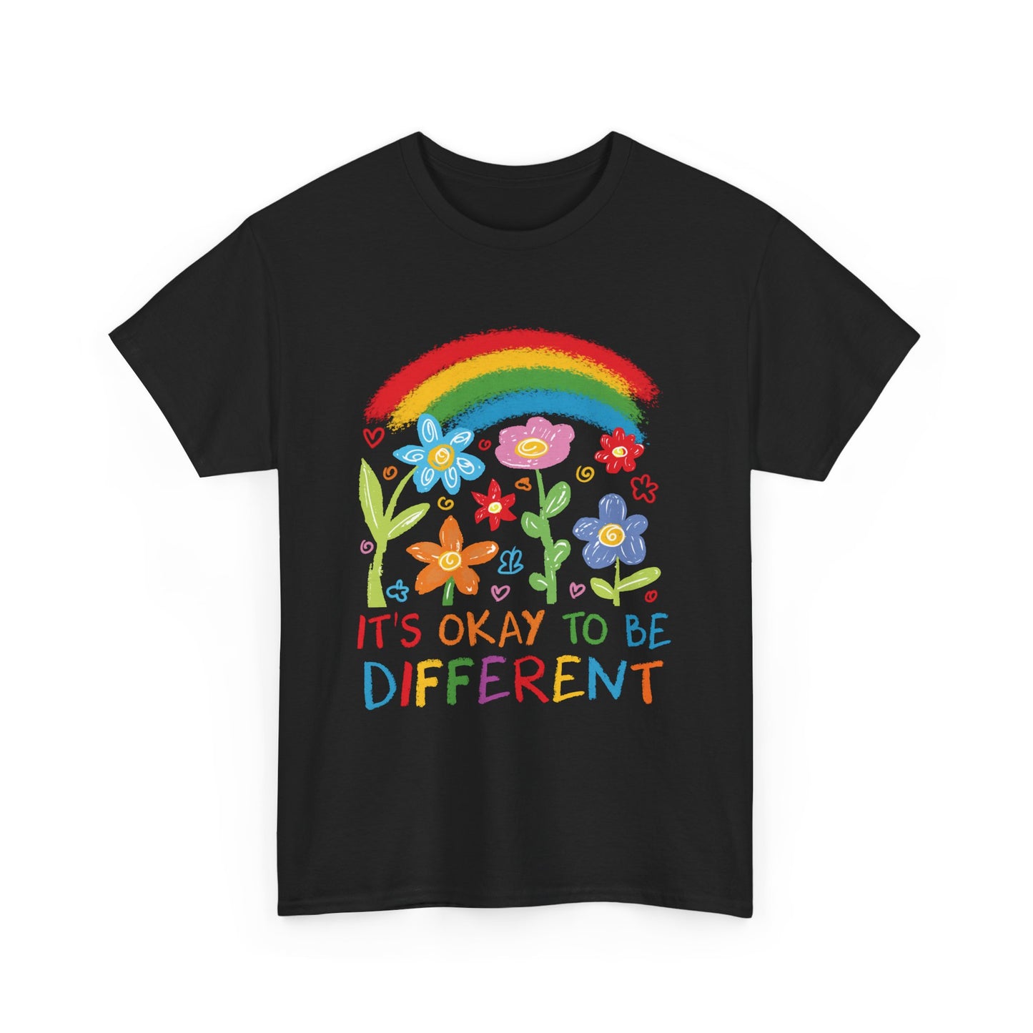 Rainbow Flowers Unisex Heavy Cotton Tee, It's Okay to Be Different Shirt, Affirmation T-Shirt, Gift for Kids, Colorful Pride Top, Everyday