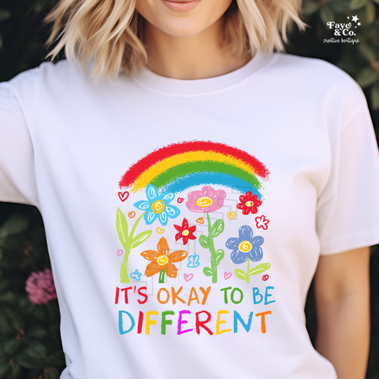 Rainbow Flowers Unisex Heavy Cotton Tee, It's Okay to Be Different Shirt, Affirmation T-Shirt, Gift for Kids, Colorful Pride Top, Everyday