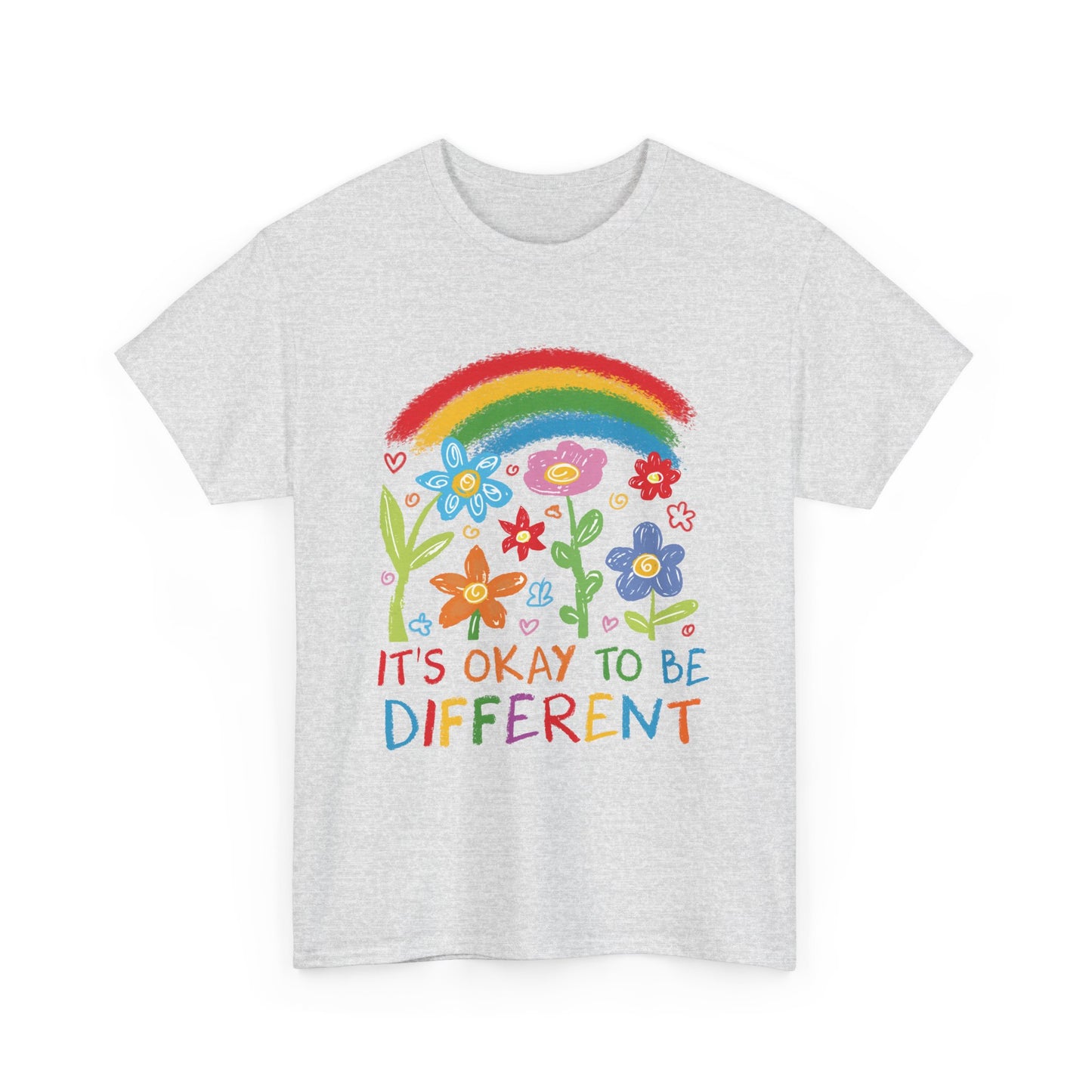 Rainbow Flowers Unisex Heavy Cotton Tee, It's Okay to Be Different Shirt, Affirmation T-Shirt, Gift for Kids, Colorful Pride Top, Everyday