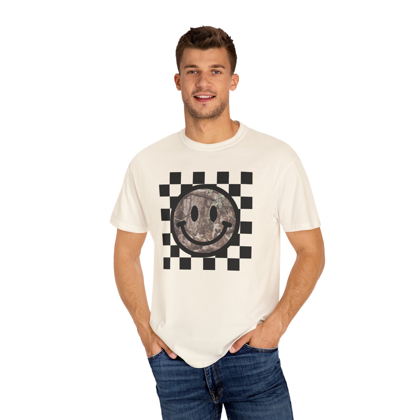 Retro Camo Smiley Face T-Shirt; Checkered Graphic Tee