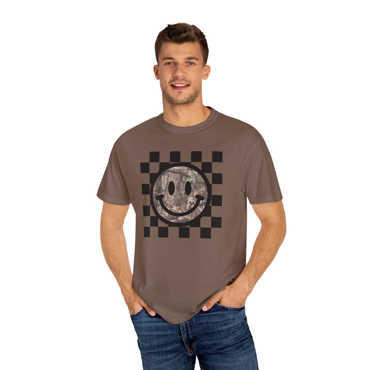 Retro Camo Smiley Face T-Shirt; Checkered Graphic Tee