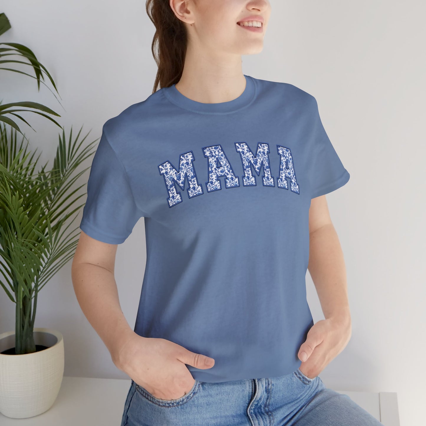 Blue Toile Mama Faux Embroidery Graphic Tee