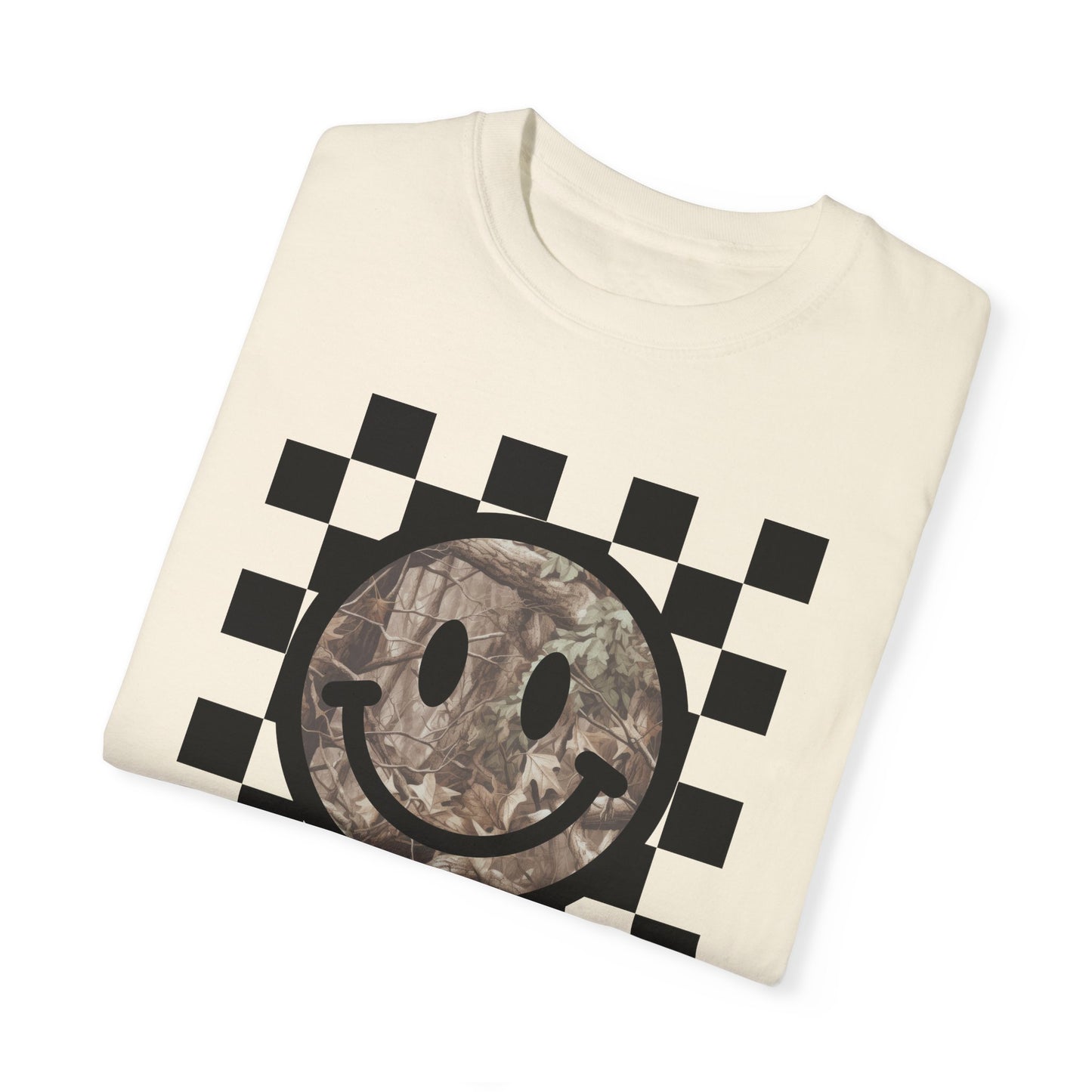 Retro Camo Smiley Face T-Shirt; Checkered Graphic Tee