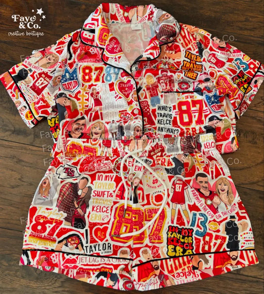 Travis Kelce & Taylor Swift Pajamas | Satin Sleep Set | Swiftie NFL Fan Gift | Chiefs Game Day Lounge |